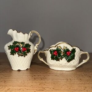Ceramic Holiday Christmas Holly Berry Small Pitcher Creamer Sugar Set Vintage